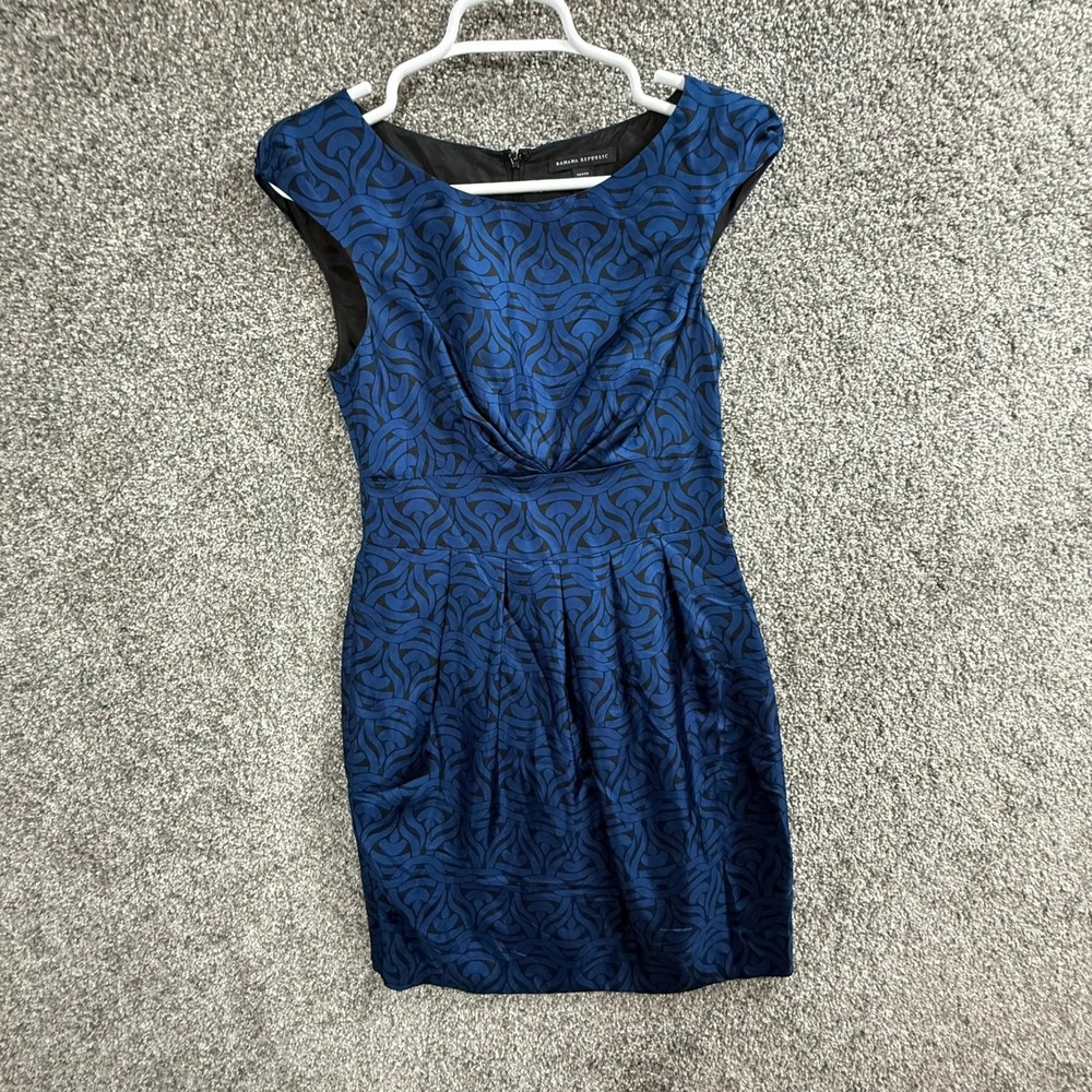 Banana Republic Womens 2P Blue Black Silk Geometric Scroll Sheath Cocktail Dress